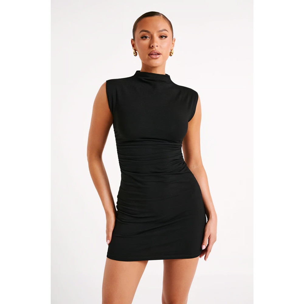 Meshki Melania High Neck Mini Dress Black Large Ruched Sides